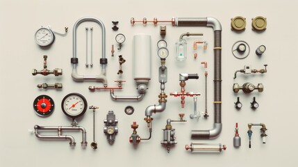 An intricate display of various pipes, gauges, and valves arranged artistically on a neutral background, showcasing industrial elegance.