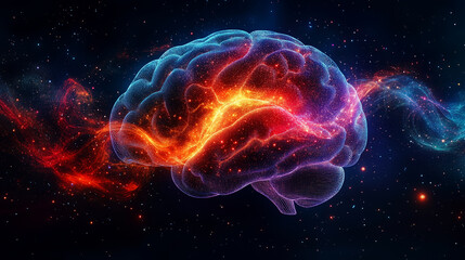 Obraz premium A human brain with colorful, flowing lines and dots around it, symbolizing the concept of creativity and thought processes.