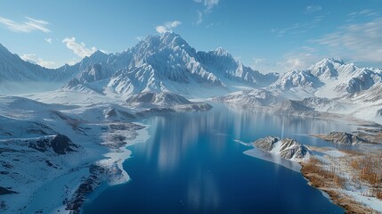 View of rocky mountains covered with snow near frozen lake under cloudy sunset sky in iceland