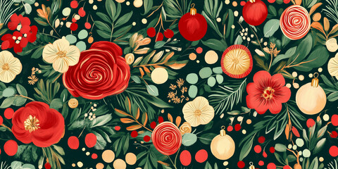 Lively, festive florals in shades of red, green, and gold with fun, cheerful decorations, seamless pattern