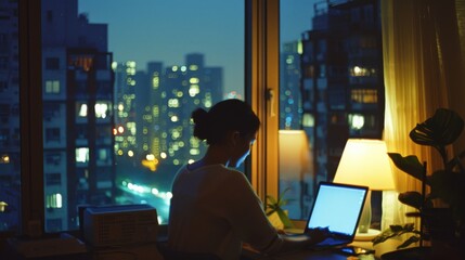 A woman working at her computer in a dimly lit room with a cityscape outside the window, focusing on her work amidst the evening glow.