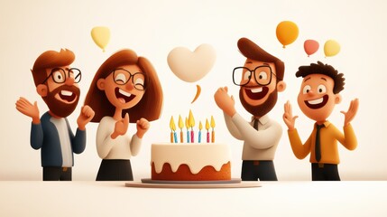 A lively group of animated characters is gathered around a birthday cake with candles, celebrating a special occasion with joyous expressions and colorful balloons.