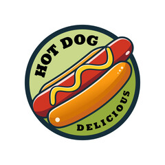Delicious hotdog logo in circle with white background