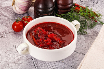 Homemade red soup Borsch with cabbage