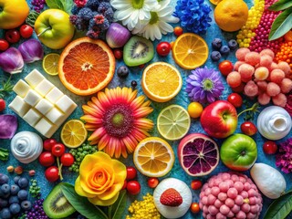 Fototapeta premium vibrant colorful flat lay white organic sugar rainbow fruits flowers natural textures bold composition playful creative energy