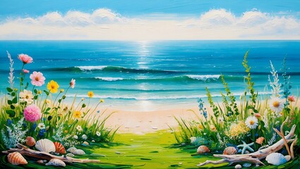 Vibrant Summer Beach with Wildflowers and Driftwood in Impressionist Style