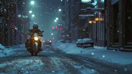 Obraz premium A motorcyclist rides through a snowy, dimly lit city street, creating a sense of bold adventure and mystery in a winter urban landscape.