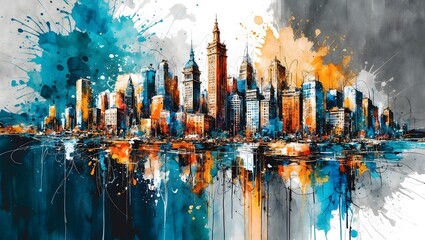 Vibrant Cityscape with Expressive Watercolor and Ink Detailing