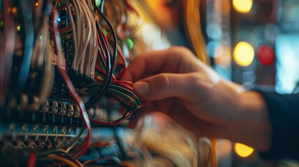 A meticulous hand manages a cluster of colorful wires in a dense wiring system, representing focus and technical understanding.