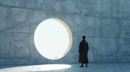 Lone figure silhouetted against a massive circular architectural opening, bathed in ethereal light.