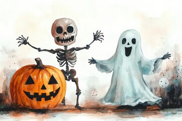 Skeleton Dancing with Pumpkin and Ghost