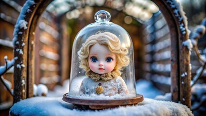 Obraz premium Frozen tears glaze a delicate porcelain doll icon trapped within a rusty iron bell jar amidst frosty whispers