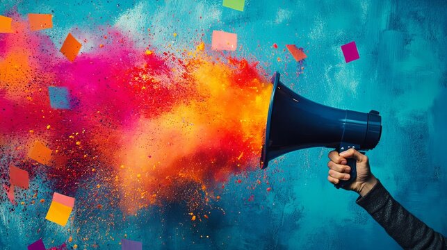 Hand holding a megaphone with a burst of vibrant sales tags, Marketing Megaphone, sales announcement