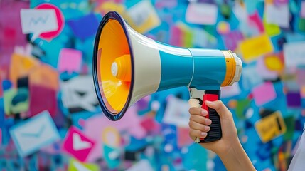 Vibrant hand holding a megaphone with colorful marketing icons floating around, symbolizing dynamic marketing strategies, Marketing Megaphone, sales promotion