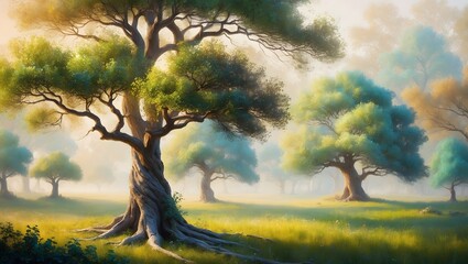 Forest with vibrant trees in a golden, sunlit haze