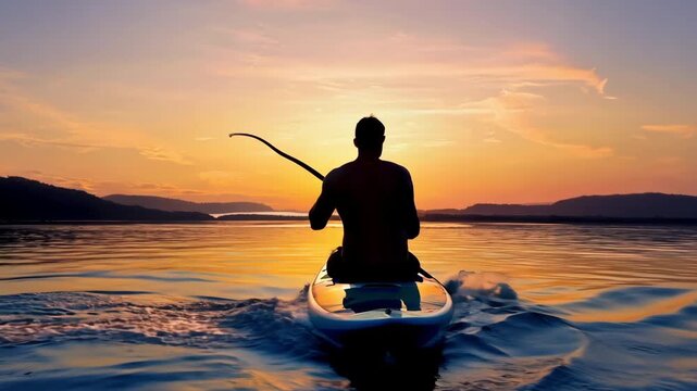 Man paddling a SUP board on river, controls paddle while sitting. Silhouette of guy at sunset on a SUPboard on lake. Active recreation, moving on water. SUP surfing lesson. SUPsurfing summer leisure.