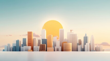 Obraz premium A modern city skyline is softly illuminated by the morning sunlight, featuring tall buildings and a tranquil atmosphere, symbolizing a new day and fresh beginnings.