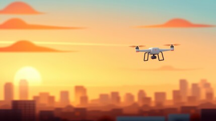 Fototapeta na wymiar A lone drone ascends at sunset with the city skyline spread out below, symbolizing solitude, technological advancement, and the quiet contemplation of urban life.