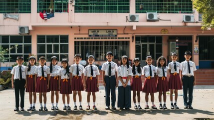 A group of neatly uniformed students standing in front of a school building, posing for a formal group photo in bright sunlight.