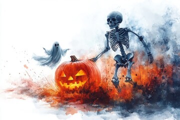 Naklejka premium Skeleton Dancing with Pumpkin and Ghost
