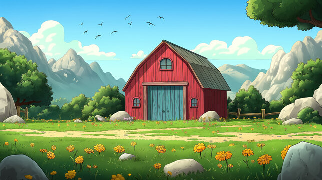 Cheerful cartoon-style red barn in a picturesque countryside setting, surrounded by green fields, flowers, and mountains in the background.