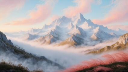 Illustration of ethereal misty mountain range at pastel sunset