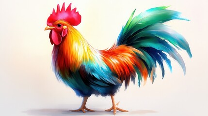 Fototapeta premium A strikingly colorful rooster standing in profile, showcasing its vibrant and multicolored feathers, a lively expression and stance captured in exquisite detail.