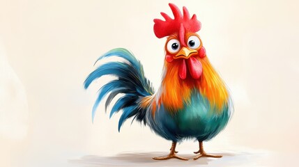Fototapeta premium A round and whimsical rooster with wide, expressive eyes and a bright, multicolored plumage stands out with its playful and cartoonish appearance.