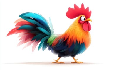 Fototapeta premium A strikingly colorful rooster with a flowing, multi-hued plumage stands against a white background, highlighting its dynamic and vibrant feathers.