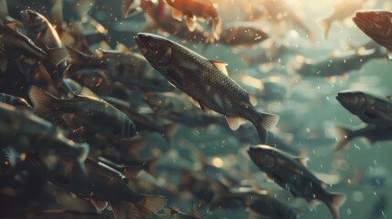 Captivating underwater scene of fish swimming in a sunlit school, showcasing marine life and the vast beauty of the ocean.
