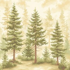 Obraz premium Vintage coniferous forest pattern with tall trees and soft lighting in a peaceful setting