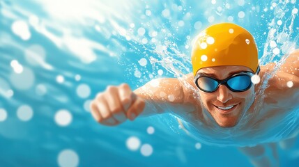 A swimmer wearing a yellow cap is captured swimming ahead from an underwater perspective, with bubbles and splashes enhancing the dynamic motion in the clear blue pool.