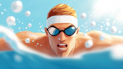 A digital illustration of a male swimmer donning goggles and a headband, portrayed swimming energetically in an intense action moment with water splashes around in a pool.