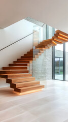 Staircase with wooden cantilevered steps and a glass railing