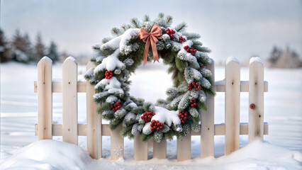 Decorative Christmas wreath on white picket fence with snowflakes falling gently in the background