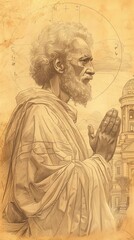 Fototapeta premium Illustration of Prayer of St. Alexander of Alexandria in 4th-Century Egyptian Church, Biblical Illustration, Beige Background, Copyspace