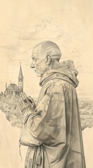 Fototapeta premium Illustration of Prayer of St. Wolfgang of Regensburg in 10th-Century German Church, Biblical Illustration, Beige Background, Copyspace