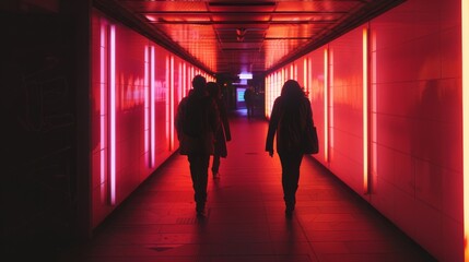 Silhouettes of people walking through a tunnel illuminated by bright red lights, creating a futuristic vibe.