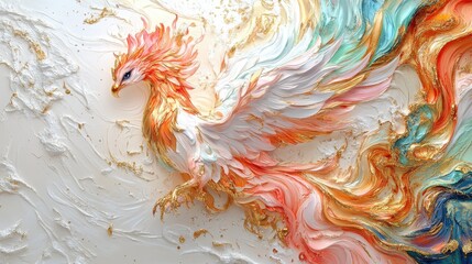 Vibrant Abstract Phoenix Painting with Colorful Swirls and Gold Accents on Textured Canvas