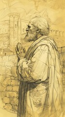 Fototapeta premium Illustration of Prayer of St. Dositheus of Gaza in 6th-Century Monastery, Biblical Illustration, Beige Background, Copyspace