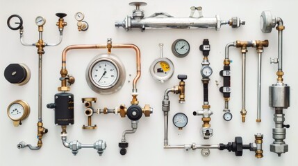 An intricate arrangement of various industrial gauges, pipes, and mechanical components displayed on a white background, showcasing precision engineering.