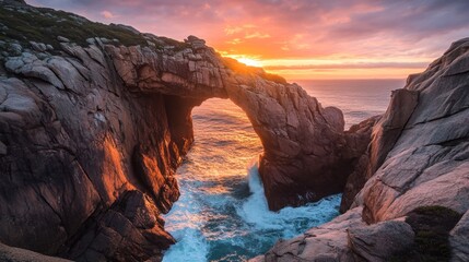 Vibrant sunset illuminating a natural rock arch over ocean waves.