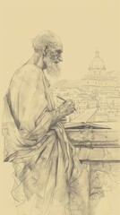 Fototapeta premium Illustration of Writing of St. Jerome of Stridon in 4th-Century Church, Biblical Illustration, Beige Background, Copyspace