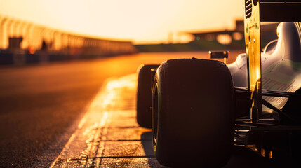Obraz premium Formula 1 Racing car on track at sunset close up, back view. Racing car on track during F1 gran prix or qualification. Formula 1 gran prix, world championship, qualification broadcasting