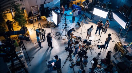 Overhead view of a busy film set, bustling with activity under bright studio lights and surrounded by high-end filming equipment.