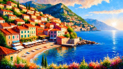 Illustration of a Colorful Mediterranean Coastal Town in Warm Summer Light