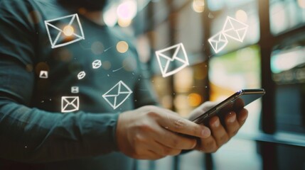 A person checks their smartphone as digital envelope icons float around, suggesting a lively exchange of emails or messages.