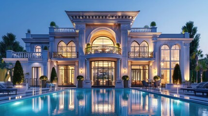 real estate luxury exterior design pool villa with interior design living room home, house.