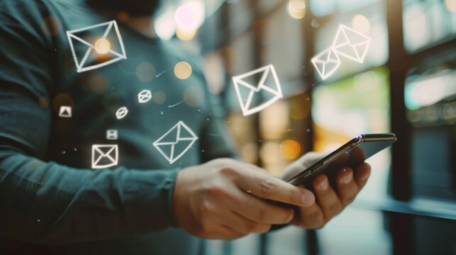 A person checks their smartphone as digital envelope icons float around, suggesting a lively exchange of emails or messages.