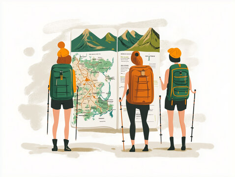 hikers looking at map, green and orange backpacks clip art preview